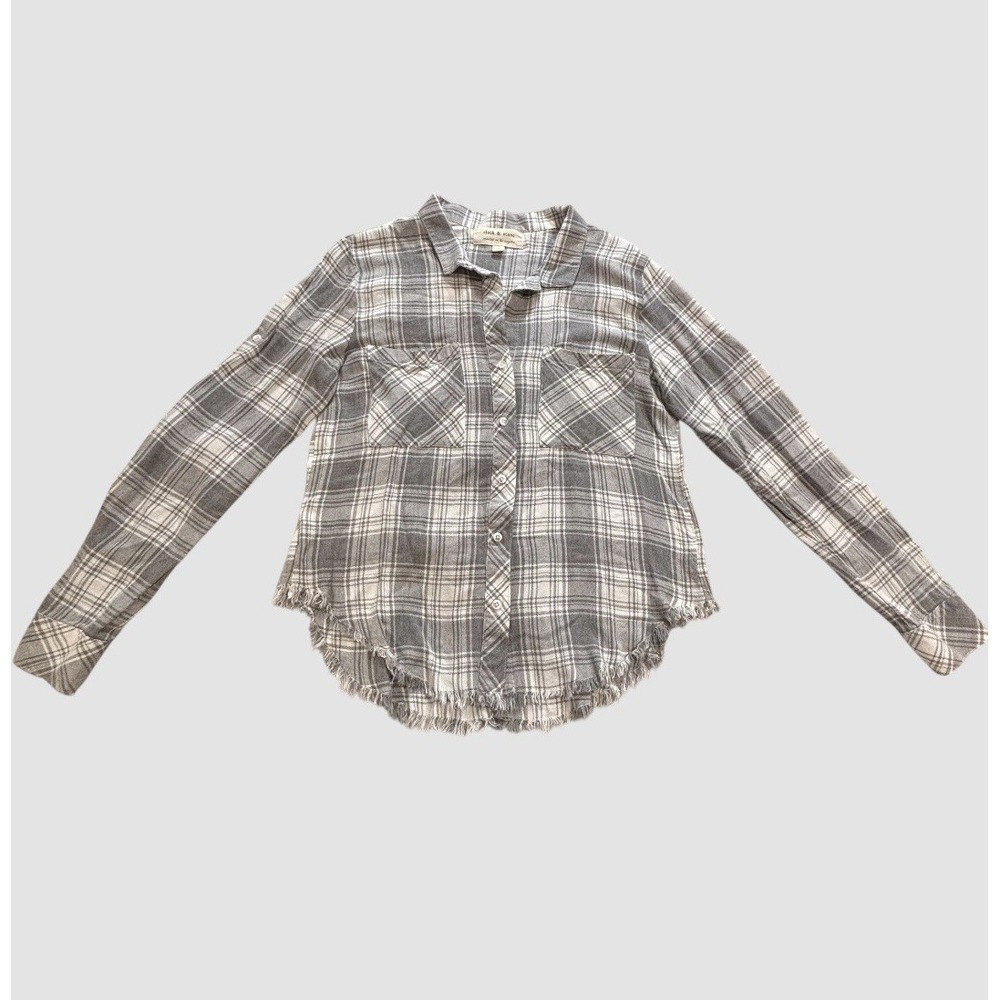 Cloth And Stone Women's Small Gray White Plaid Flannel Shirt Fringed Raw Hem